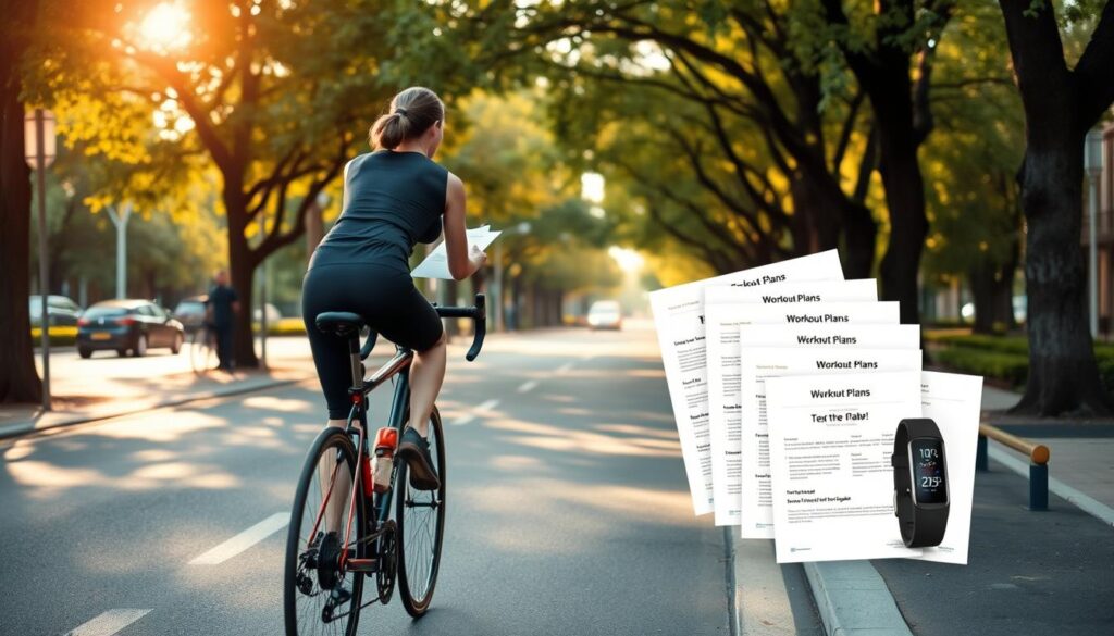 A serene urban scene showcases a commuter cycling along a tree-lined bike lane, their workout plan clutched in hand. The rider's athletic figure is highlighted by form-fitting cycling gear, with a sleek, high-performance bicycle beneath them. Warm, golden sunlight filters through the leaves, casting a gentle glow on the pavement. In the background, a row of neatly organized workout plans and fitness trackers is displayed, providing inspiration and guidance for the active commute. The overall atmosphere conveys a sense of productivity, wellness, and the harmonious integration of exercise into daily transportation. A serene urban scene showcases a commuter cycling along a tree-lined bike lane, their workout plan clutched in hand. The rider's athletic figure is highlighted by form-fitting cycling gear, with a sleek, high-performance bicycle beneath them. Warm, golden sunlight filters through the leaves, casting a gentle glow on the pavement. In the background, a row of neatly organized workout plans and fitness trackers is displayed, providing inspiration and guidance for the active commute. The overall atmosphere conveys a sense of productivity, wellness, and the harmonious integration of exercise into daily transportation.