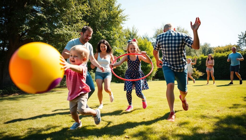 A vibrant, active family engaged in a variety of playful fitness games on a sun-dappled backyard lawn. In the foreground, a father and child tossing a brightly colored ball back and forth, their expressions filled with joy. In the middle ground, a mother and young daughter competing in a friendly hula hoop contest, their laughter and movements captured in a dynamic, kinetic composition. In the background, an older sibling leading the family in a fun group exercise routine, their bodies in motion against a backdrop of lush greenery and a clear blue sky. The scene is bathed in warm, natural lighting, creating a sense of togetherness, activity, and a celebration of healthy, active living.