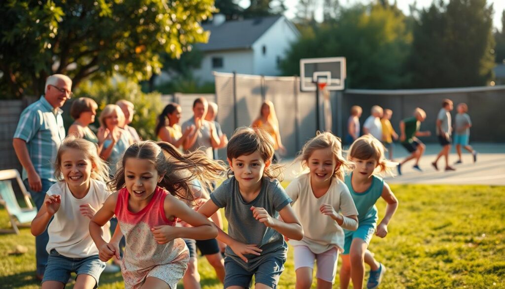 A vibrant backyard on a sunny weekend, filled with a diverse array of family members engaged in a variety of sports challenges. In the foreground, a group of children enthusiastically compete in a relay race, their expressions brimming with determination. In the middle ground, parents and grandparents cheer them on, their laughter and applause echoing through the scene. In the background, a well-equipped sports court hosts a friendly game of basketball, the players' movements captured in a blur of motion. Soft, golden lighting bathes the entire setting, creating a warm and inviting atmosphere that encourages everyone to join in the fun and stay active.