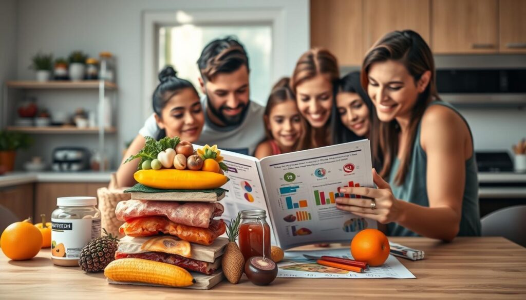 A vibrant family gathered around a table, poring over a nutrition guide filled with colorful charts and illustrations. Warm, natural lighting illuminates the scene, casting a cozy, inviting atmosphere. In the foreground, a stack of fresh fruits, vegetables, and sports supplements takes center stage, representing the diverse, wholesome diet of active individuals. The middle ground features the family members, each engrossed in the guide, their expressions reflecting a shared determination to optimize their performance through mindful nutrition. In the background, a neatly organized pantry and a sleek, minimalist kitchen design lend an air of practicality and efficiency to the overall scene. A vibrant family gathered around a table, poring over a nutrition guide filled with colorful charts and illustrations. Warm, natural lighting illuminates the scene, casting a cozy, inviting atmosphere. In the foreground, a stack of fresh fruits, vegetables, and sports supplements takes center stage, representing the diverse, wholesome diet of active individuals. The middle ground features the family members, each engrossed in the guide, their expressions reflecting a shared determination to optimize their performance through mindful nutrition. In the background, a neatly organized pantry and a sleek, minimalist kitchen design lend an air of practicality and efficiency to the overall scene.