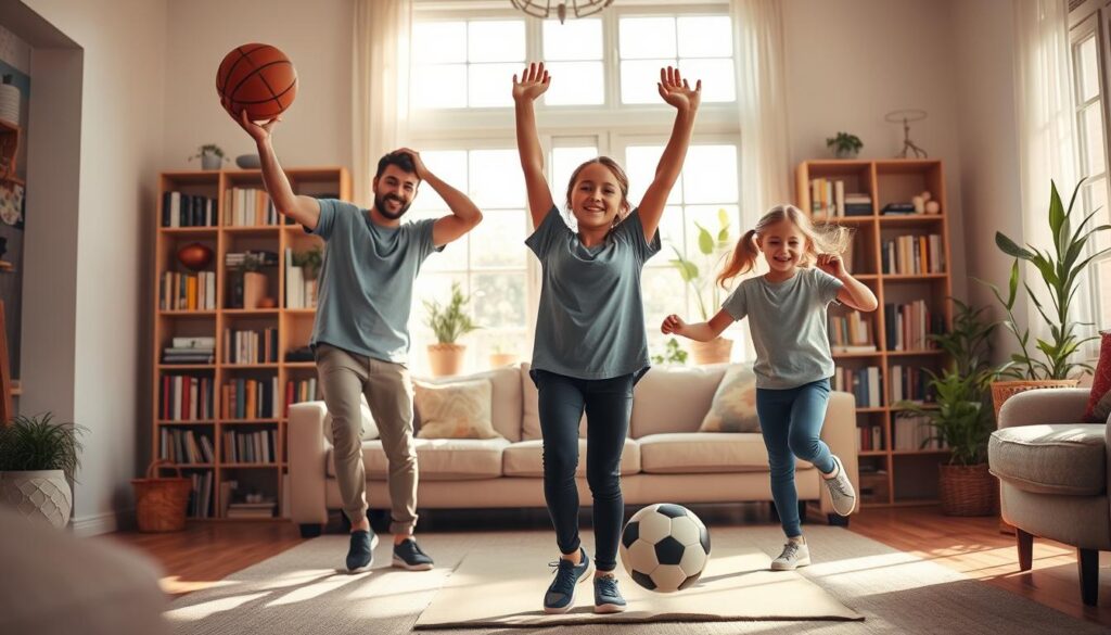 A warm, well-lit living room on a sunny afternoon. In the foreground, a family of four - parents and two young children - engaged in various sports activities. The father dribbles a basketball, the mother stretches on a yoga mat, the son kicks a soccer ball, and the daughter jumps rope. Bookshelves and potted plants in the background, creating a cozy, inviting atmosphere. The family's faces are filled with joy and focus, embodying the spirit of an active, healthy lifestyle. The camera angle is slightly elevated, capturing the scene with a sense of intimacy and togetherness. A warm, well-lit living room on a sunny afternoon. In the foreground, a family of four - parents and two young children - engaged in various sports activities. The father dribbles a basketball, the mother stretches on a yoga mat, the son kicks a soccer ball, and the daughter jumps rope. Bookshelves and potted plants in the background, creating a cozy, inviting atmosphere. The family's faces are filled with joy and focus, embodying the spirit of an active, healthy lifestyle. The camera angle is slightly elevated, capturing the scene with a sense of intimacy and togetherness.