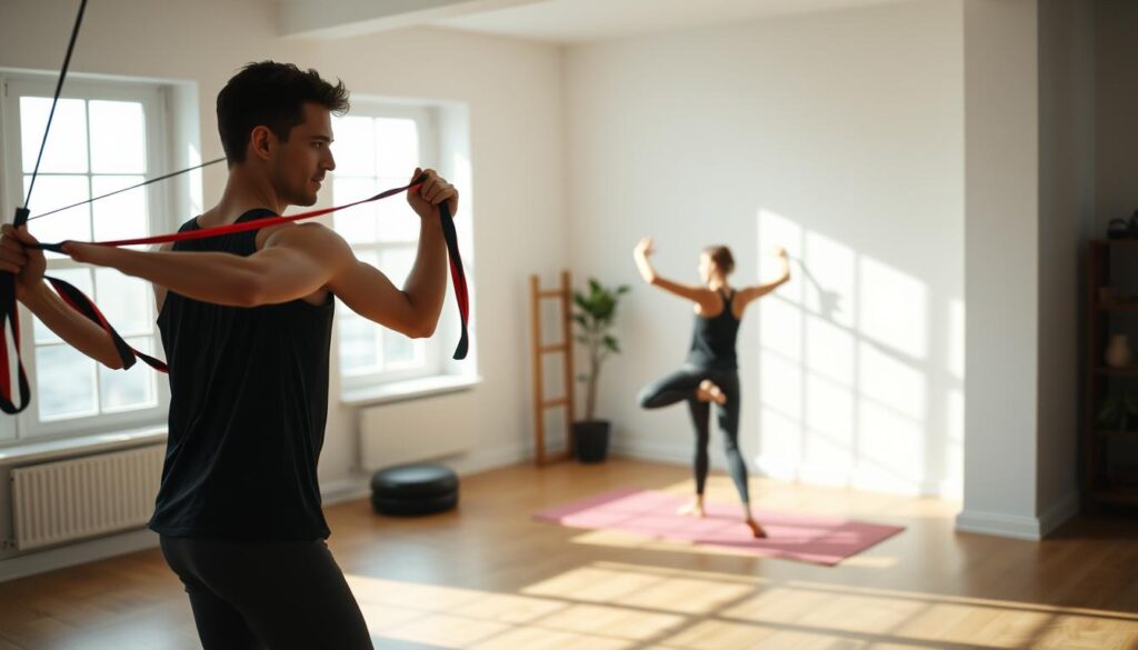 A well-lit indoor space, with natural light streaming through windows. In the foreground, a person performs dynamic exercises using resistance bands, their movements captured mid-motion. In the middle ground, another person does core-strengthening exercises on a yoga mat. The background features minimal, uncluttered decor, allowing the focus to remain on the active subjects. The atmosphere is one of determination and discipline, with a sense of adaptability and resourcefulness in the face of limited space. Crisp, high-resolution rendering with a cinematic quality.