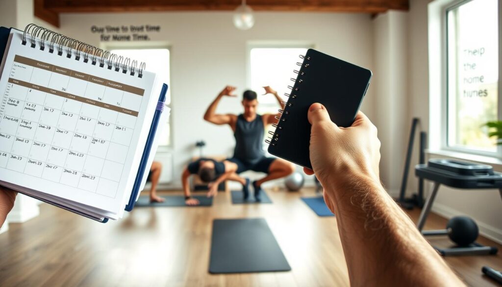 Packed schedule exercise habit stacking strategies. In the foreground, a person's hands juggling a dense calendar, planner, and fitness tracker, symbolizing the time-crunched lifestyle. In the middle ground, the person performs a series of exercises - squats, pushups, and yoga poses - seamlessly transitioning between them. The background features a minimalist, modern home gym setup with sleek equipment and natural lighting filtering in through large windows. Subtle motivational quotes are visible on the walls, inspiring the viewer to optimize their limited time. The overall mood is one of focused efficiency and determination, capturing the essence of "Habit Stacking for Maximum Gains".