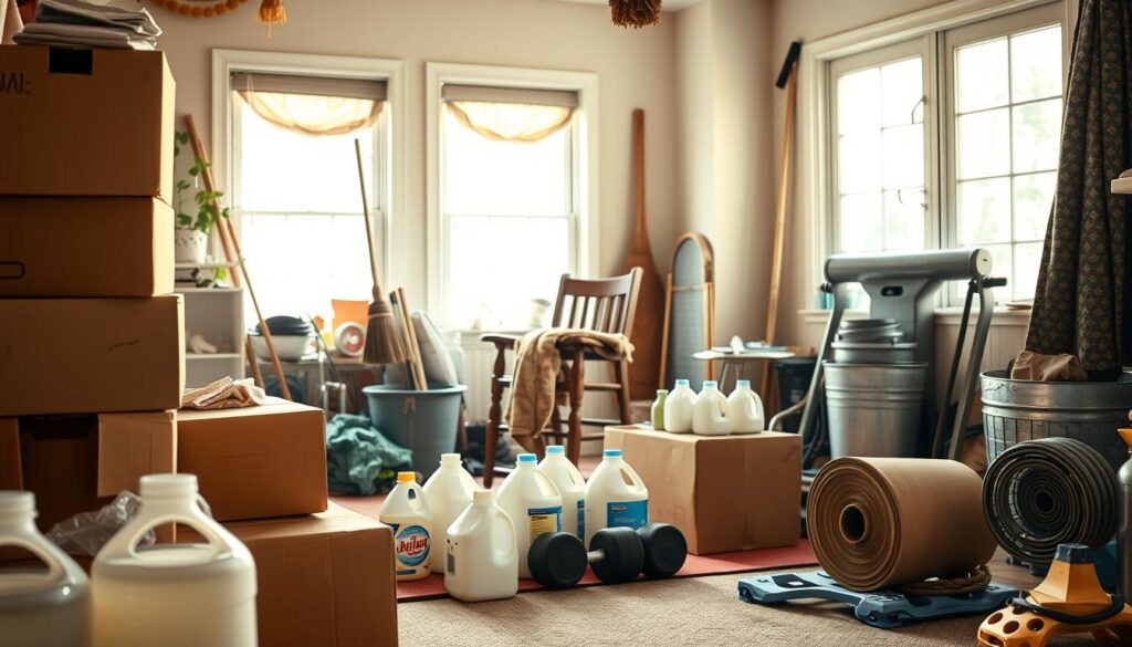 A cluttered home gym filled with a diverse array of improvised fitness equipment. In the foreground, a stack of sturdy cardboard boxes, milk jugs filled with water, and a tattered towel fashioned into a resistance band. In the middle ground, a rickety wooden chair serves as a makeshift weight bench, with jugs of laundry detergent as free weights. The background showcases a collection of repurposed household items, including a broom handle propped against the wall, a metal bucket used as a stepping platform, and a rolled-up yoga mat crafted from an old shower curtain. Soft, natural lighting filters through the windows, casting a warm, inviting glow over the scene. The overall atmosphere conveys a sense of resourcefulness, functionality, and a touch of playful ingenuity.
