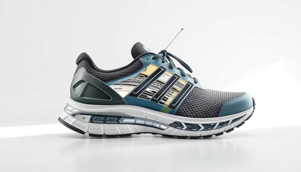 A detailed anatomical cross-section of a pair of high-quality running shoes, captured in a clean, technical illustration style. The foreground showcases the intricate internal structure, with labeled components such as the midsole, outsole, upper, and cushioning system. The middle ground highlights the shoe's design features, including the tread pattern, overlay reinforcements, and lacing system. The background is a plain white surface, allowing the shoe's technical details to be the focal point. Crisp lighting from multiple angles accentuates the textures and materials, creating a sense of depth and dimensionality. The overall mood is informative and educational, suitable for a technical guide on sports shoe selection.