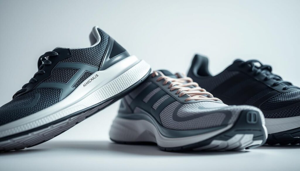 A highly detailed close-up view of the latest sports shoes, showcasing their cutting-edge materials and advanced cushioning technology. The shoes are displayed against a clean, minimalist background, allowing the intricate design elements to take center stage. The lighting is soft and directional, highlighting the sleek silhouette, texture, and contours of the shoes. The camera angle is slightly elevated, providing an immersive perspective that invites the viewer to examine the shoes' innovative features. The overall mood is one of technical precision and high-performance, reflecting the article's focus on the materials and cushioning systems that make these shoes exceptional for fitness enthusiasts.