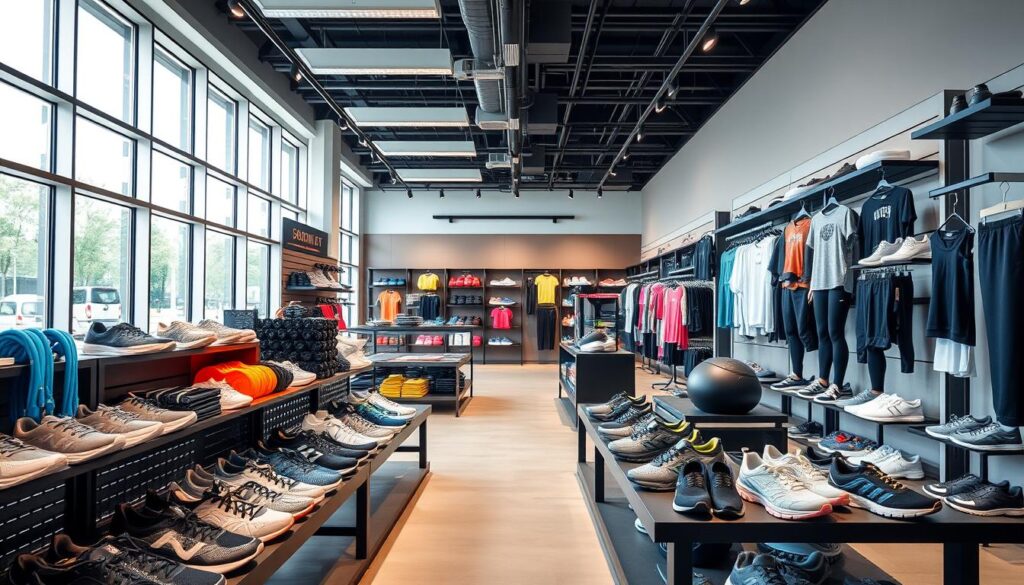 A modern sports store interior with an eye-catching display showcasing a diverse array of sports gear and equipment. In the foreground, neatly arranged budget-friendly items - basic sneakers, resistance bands, and simple workout apparel. In the middle ground, a striking contrast with high-end, premium gear - sleek running shoes, high-tech fitness trackers, and stylish athleisure wear. The background features large windows allowing natural light to flood the space, creating a bright and airy atmosphere. The overall scene conveys a sense of comparison between accessible, cost-effective options and their more expensive, state-of-the-art counterparts, all within a well-designed retail environment.