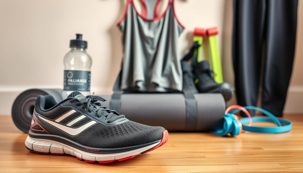 A neatly arranged display of sports gear for the everyday athlete. In the foreground, a pair of high-performance running shoes with sleek, breathable design and supportive cushioning. Beside them, a water bottle and a rolled-up exercise mat, ready for an impromptu home workout. In the middle ground, a lightweight, moisture-wicking athletic top and a pair of flexible, comfortable workout pants. In the background, a sports duffel bag and a resistance band, conveying a sense of versatility and preparedness. The lighting is soft and natural, highlighting the textures and colors of the gear. The overall atmosphere is one of practicality and an active, healthy lifestyle.