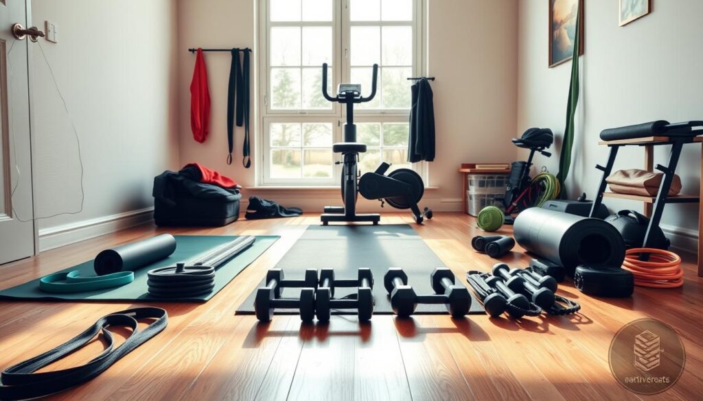 A neatly organized home gym setup, showcasing a diverse array of affordable fitness gear. In the foreground, a variety of resistance bands, yoga mats, and dumbbells are arranged with care, casting soft shadows on the hardwood floor. The middle ground features a stationary bike and a simple weight bench, both practical and budget-friendly options. In the background, a large window floods the space with warm, natural light, creating a serene and inviting atmosphere. The overall scene conveys a sense of considered, frugal fitness, inspiring a mindful approach to at-home workouts without compromising quality or aesthetics.