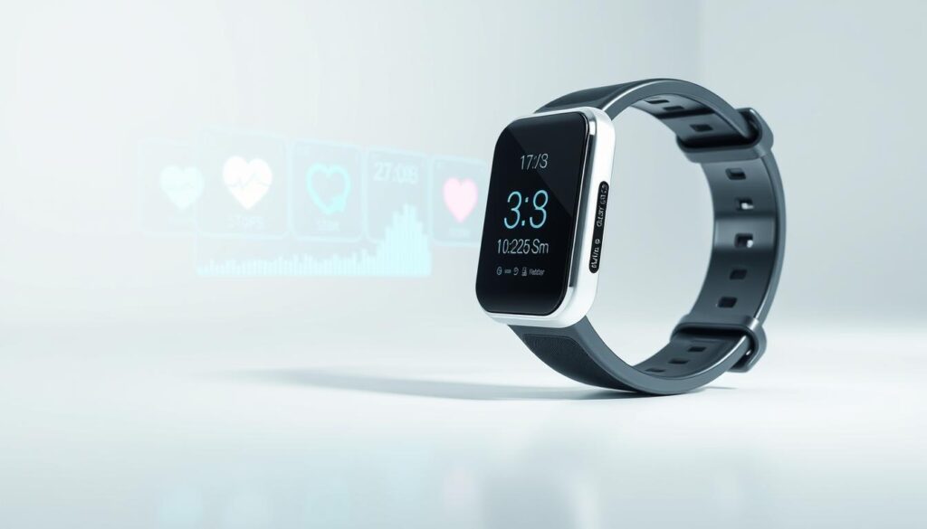 A sleek and futuristic sports wearable device, showcasing an array of advanced sensors and technologies. The device is positioned prominently in the foreground, its glossy surface reflecting the bright, minimalist lighting. In the middle ground, holographic displays project real-time biometric data, including heart rate, steps, and calorie burn. The background features a clean, white studio setting, conveying a sense of clinical precision and technological innovation. The overall mood is one of sophistication and cutting-edge sports performance tracking, perfectly suited to illustrate the "Metrics and Sensors Overview" section of the article.
