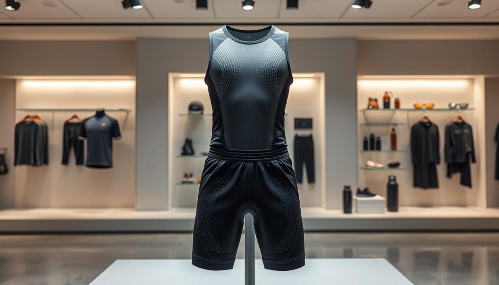 A sleek, high-tech sports apparel display showcasing the latest innovative smart fabrics and wearable technologies. In the foreground, a form-fitting athletic shirt with embedded sensors and conductive threads that monitor vital signs and performance metrics. In the middle ground, a pair of intelligent running shorts with built-in muscle stimulation and recovery systems. In the background, a minimalist, well-lit display presenting a range of smart accessories like sweat-sensing headbands, GPS-enabled fitness trackers, and charging-enabled water bottles. The scene exudes a sense of modern, streamlined sophistication befitting the cutting edge of sports apparel tech.