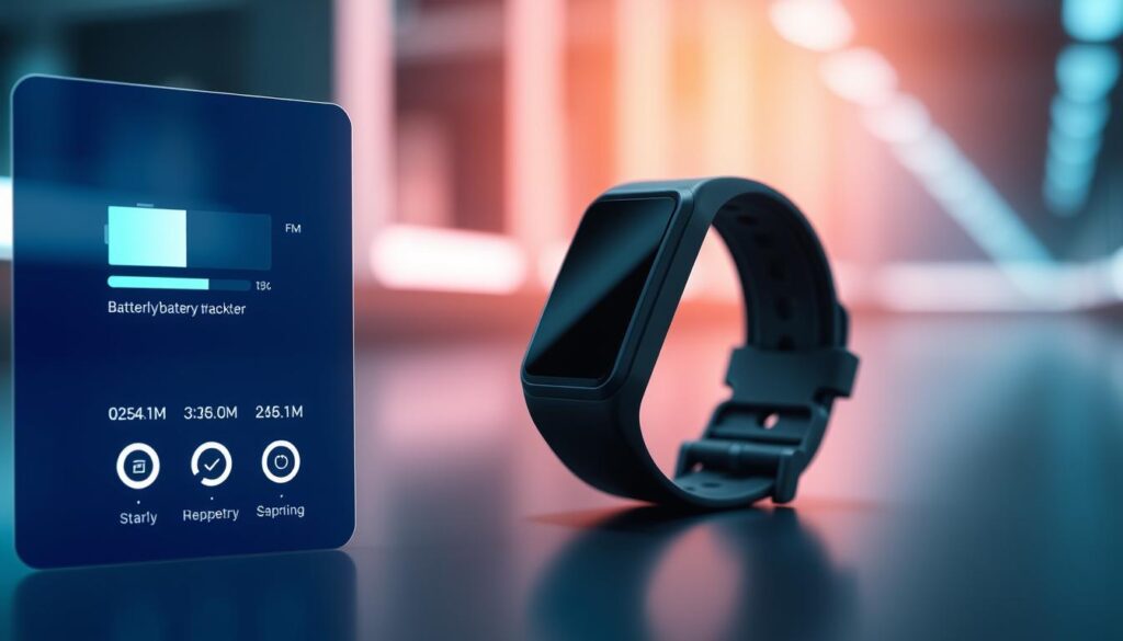 A sleek, high-tech sports wearable display showcasing the battery life comparison of top fitness trackers. The foreground features a minimalist digital interface with intuitive battery level icons, sleek icons, and a clean, modern layout. The middle ground shows the wearable device in a matte black finish, with a focus on the curved display and streamlined design. The background has a blurred, gradient-lit environment, creating a sense of depth and emphasizing the technological focus. Soft, directional lighting highlights the details of the device, while a cool, futuristic color palette reinforces the advanced, data-driven nature of the scene. The overall mood is one of precision, innovation, and functionality, perfectly suited for an article on the latest sports wearable technology.