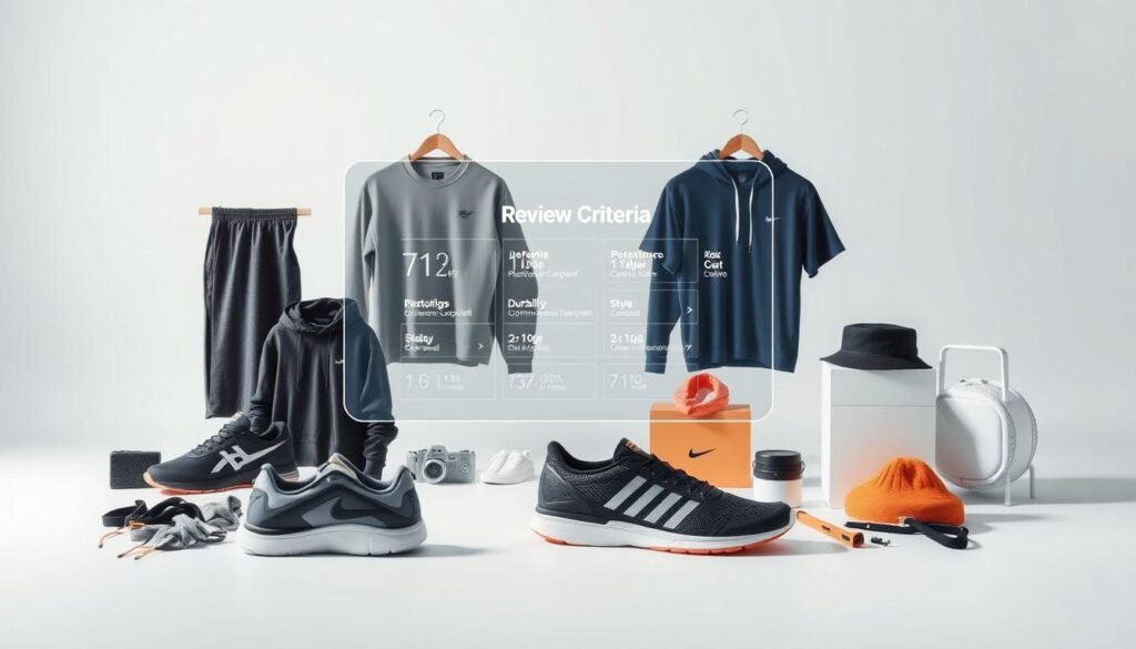 A sleek, minimalist composition showcasing sports gear review criteria. In the foreground, a stylish assortment of athletic apparel, shoes, and accessories arranged neatly on a clean, white surface, bathed in soft, diffused lighting. The middle ground features a floating, transparent display panel, its holographic interface showcasing key evaluation metrics such as performance, durability, comfort, and style. In the background, a subtle gradient backdrop creates a sense of depth and emphasis on the central elements. The overall mood is one of modern, refined sophistication, inviting the viewer to closely examine the essential factors that define exceptional sports gear. A sleek, minimalist composition showcasing sports gear review criteria. In the foreground, a stylish assortment of athletic apparel, shoes, and accessories arranged neatly on a clean, white surface, bathed in soft, diffused lighting. The middle ground features a floating, transparent display panel, its holographic interface showcasing key evaluation metrics such as performance, durability, comfort, and style. In the background, a subtle gradient backdrop creates a sense of depth and emphasis on the central elements. The overall mood is one of modern, refined sophistication, inviting the viewer to closely examine the essential factors that define exceptional sports gear.