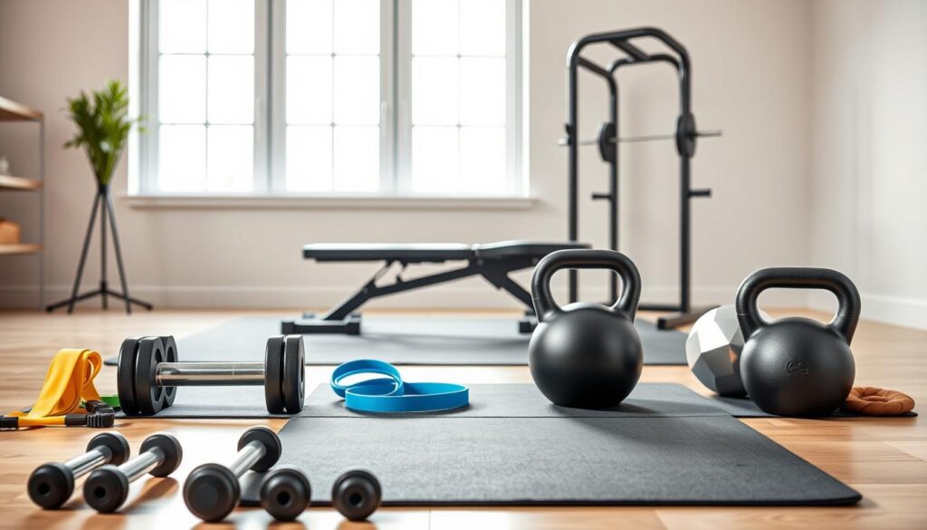 A sleek, minimalist home gym setup showcasing a range of affordable and premium fitness equipment. In the foreground, dumbbells, resistance bands, and a kettlebell are neatly arranged, highlighting their compact and versatile nature. In the middle ground, a high-quality weight bench and a sturdy, adjustable squat rack stand in contrast to a basic, no-frills exercise mat. The background features a clean, well-lit space with large windows, conveying a sense of openness and practicality. Soft, natural lighting from the windows creates a warm, inviting atmosphere, emphasizing the accessibility and functionality of the home gym setup.