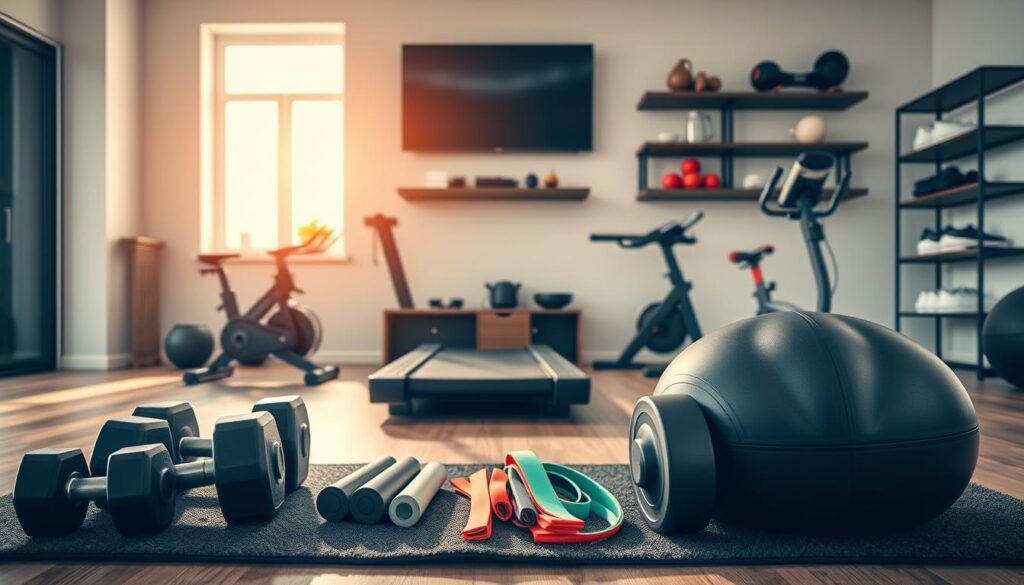 A sleek, modern home gym setup showcasing a curated collection of trusted sports equipment brands. In the foreground, high-quality dumbbells, resistance bands, and a stability ball are neatly arranged on a plush exercise mat. The middle ground features a state-of-the-art treadmill and exercise bike, their elegant designs complementing the overall aesthetic. In the background, a wall-mounted flat-screen TV and shelves displaying premium fitness accessories, such as water bottles and resistance cords, create a cohesive, aspirational home fitness environment. Warm, natural lighting from large windows bathes the scene, conveying a sense of approachability and wellness. A sleek, modern home gym setup showcasing a curated collection of trusted sports equipment brands. In the foreground, high-quality dumbbells, resistance bands, and a stability ball are neatly arranged on a plush exercise mat. The middle ground features a state-of-the-art treadmill and exercise bike, their elegant designs complementing the overall aesthetic. In the background, a wall-mounted flat-screen TV and shelves displaying premium fitness accessories, such as water bottles and resistance cords, create a cohesive, aspirational home fitness environment. Warm, natural lighting from large windows bathes the scene, conveying a sense of approachability and wellness.