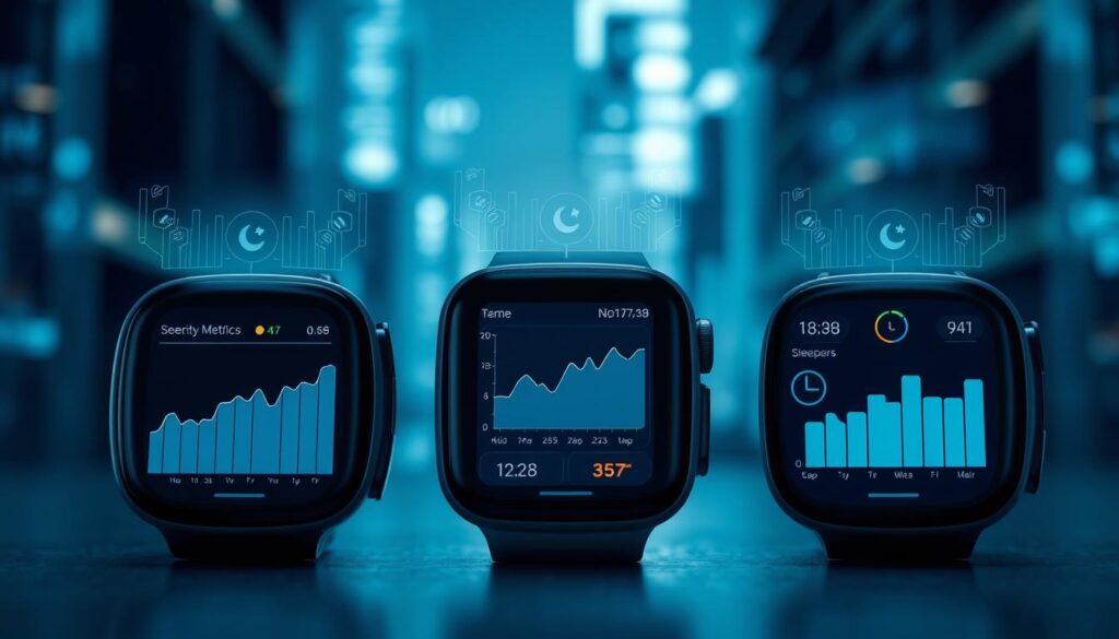 A stylized comparison of leading fitness trackers, their sleep metrics displayed in a visually compelling way. The foreground features three smartwatches side-by-side, each with a holographic sleep data visualization floating above. The middle ground showcases a clean, minimalist UI design with graphs, charts, and sleep quality indicators. The background is a softly blurred, technology-inspired cityscape, bathed in a cool, blue-tinted lighting that evokes a sense of focus and precision. The overall mood is sleek, modern, and informative, capturing the essence of advanced fitness tracking and sleep analytics in the year 2025.