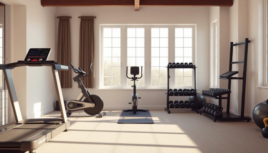 A well-lit, airy home gym showcasing essential workout equipment. In the foreground, a sleek treadmill and a state-of-the-art exercise bike stand ready. On the middle-ground, a sturdy weight rack with an assortment of dumbbells and kettlebells, complemented by a yoga mat and a stability ball. The background features large windows that let in natural light, creating a tranquil, motivating atmosphere. The room has a minimalist, modern design with clean lines and a neutral color palette, exuding a sense of focus and productivity. High-quality, professional-grade equipment is neatly arranged, inviting the viewer to imagine themselves embarking on a transformative fitness journey within this personalized, versatile home gym. A well-lit, airy home gym showcasing essential workout equipment. In the foreground, a sleek treadmill and a state-of-the-art exercise bike stand ready. On the middle-ground, a sturdy weight rack with an assortment of dumbbells and kettlebells, complemented by a yoga mat and a stability ball. The background features large windows that let in natural light, creating a tranquil, motivating atmosphere. The room has a minimalist, modern design with clean lines and a neutral color palette, exuding a sense of focus and productivity. High-quality, professional-grade equipment is neatly arranged, inviting the viewer to imagine themselves embarking on a transformative fitness journey within this personalized, versatile home gym.