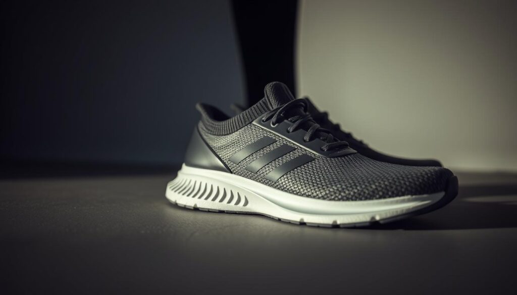 A well-lit, close-up shot of the latest sports shoes, showcasing their innovative features. The shoes are positioned prominently in the foreground, with a clean, minimal background that allows the details to shine. The lighting is soft and diffused, highlighting the textures and materials of the shoes, such as the seamless, breathable mesh upper, the flexible yet supportive midsole, and the high-traction, durable outsole. The angle is slightly elevated, providing a dynamic, three-dimensional perspective that captures the sleek, modern design of the shoes. The overall mood is one of sophisticated athleticism, conveying the advanced technology and thoughtful engineering that have gone into these cutting-edge sports shoes.