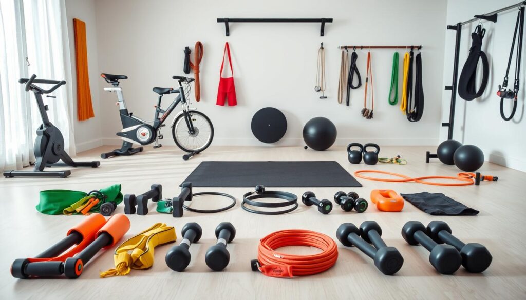 A well-lit, expansive home gym scene with an assortment of affordable sports equipment arranged for comparison. In the foreground, various resistance bands, dumbbells, and a skipping rope lie neatly side-by-side. In the middle ground, a stationary bike, a yoga mat, and a jump rope stand ready for evaluation. The background features a wall-mounted pull-up bar, kettlebells, and resistance tubes, all presented in a clean, minimalist setting with soft, natural lighting to showcase the value and versatility of the equipment. The overall composition emphasizes the diverse range of high-quality, cost-effective home fitness solutions.