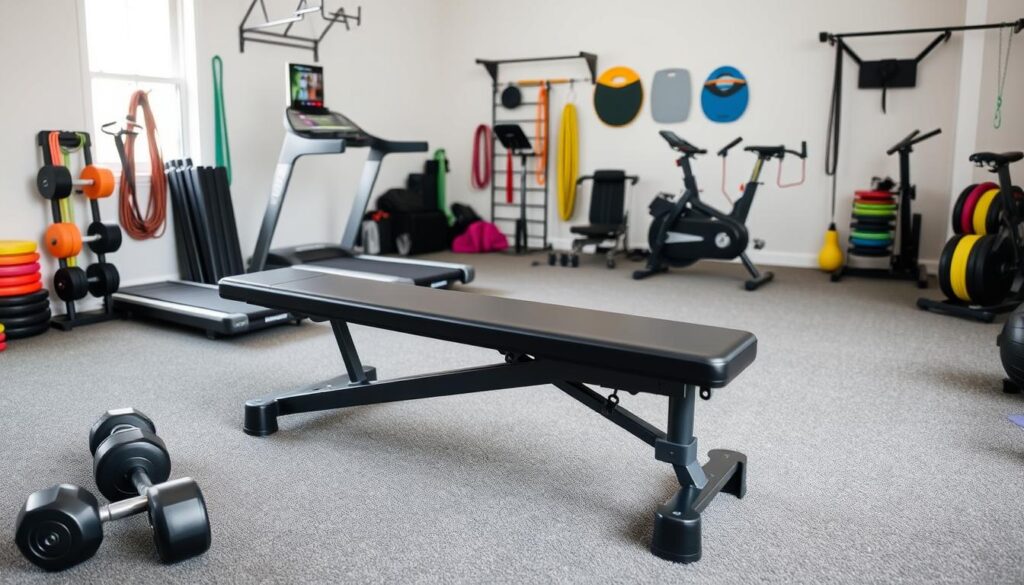 A well-lit, spacious home gym with a variety of affordable sports equipment arranged in an inviting, organized manner. In the foreground, a sturdy, adjustable weight bench and a set of dumbbells of various weights. In the middle ground, a foldable treadmill, a stationary bicycle, and a resistance band rack. The background features a wall-mounted pull-up bar, a balance board, and a jump rope station. The overall scene conveys a sense of practicality, functionality, and accessibility, suitable for the everyday athlete on a budget.