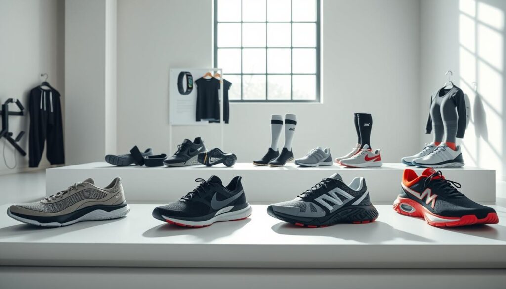 A well-lit studio scene showcasing an assortment of sports shoes and gear for the year 2025. In the foreground, several pairs of high-tech athletic shoes in various styles and colors are displayed on a sleek, minimalist platform. The middle ground features accessories such as smart fitness trackers, compression socks, and moisture-wicking sportswear. In the background, a large window provides natural lighting, illuminating the scene with a soft, diffused glow. The overall mood is one of modern, forward-thinking design and innovation, capturing the evolution of sports equipment for the fitness enthusiast of the future.