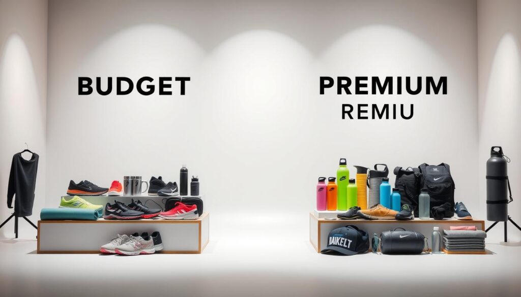 A well-lit studio setting showcasing a side-by-side comparison of budget and premium sports gear. In the foreground, two neatly arranged displays feature a range of items such as running shoes, yoga mats, and water bottles, one display for budget-friendly options and the other for premium high-quality alternatives. The middle ground depicts a clean, minimalist background with a subtle gradient, allowing the products to take center stage. Soft, directional lighting illuminates the displays, creating a sense of depth and highlighting the materials and textures of the gear. The overall atmosphere conveys a balanced, informative, and visually appealing presentation of the budget vs. premium sports equipment choices. A well-lit studio setting showcasing a side-by-side comparison of budget and premium sports gear. In the foreground, two neatly arranged displays feature a range of items such as running shoes, yoga mats, and water bottles, one display for budget-friendly options and the other for premium high-quality alternatives. The middle ground depicts a clean, minimalist background with a subtle gradient, allowing the products to take center stage. Soft, directional lighting illuminates the displays, creating a sense of depth and highlighting the materials and textures of the gear. The overall atmosphere conveys a balanced, informative, and visually appealing presentation of the budget vs. premium sports equipment choices.