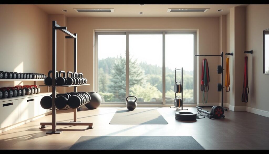 A well-organized and optimized home gym space, bathed in warm, natural lighting. In the foreground, a sleek, minimalist weight rack showcases a selection of dumbbells and kettlebells. The middle ground features a high-quality exercise mat and a versatile resistance band setup. In the background, a large window overlooking a serene outdoor scene creates a calming, zen-like atmosphere. The overall layout is efficient, practical, and visually appealing, reflecting the perfect balance of form and function for a dedicated strength training area within a residential setting.