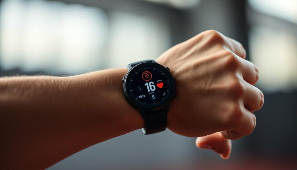 A close-up view of an athlete's wrist, showcasing a sleek, state-of-the-art smartwatch with a vibrant, high-resolution display. The watch face features a minimalist, futuristic design, providing real-time data on heart rate, distance traveled, and other key performance metrics. The athlete's hand is in a relaxed, natural position, highlighting the seamless integration of the wearable device. The background is blurred, creating a sense of focus on the wearable technology and its role in optimizing the user's fitness routine. Soft, directional lighting illuminates the watch face, emphasizing its advanced capabilities and the user's dedication to tracking their progress.