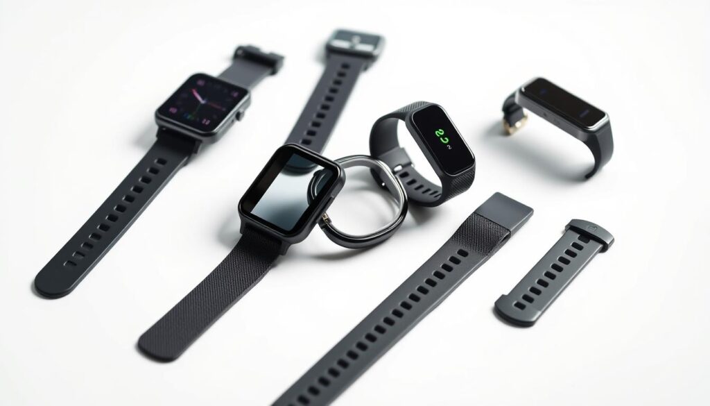 A close-up view of the latest and most advanced fitness trackers, meticulously arranged on a sleek, minimalist white background. The trackers are showcased in a dynamic, sports-inspired composition, capturing their innovative features and premium designs. Soft, directional lighting emphasizes the textures and materials, creating a sense of depth and highlighting the trackers' cutting-edge technology. The image conveys a mood of sophistication, functionality, and the future of fitness wearables, aligning with the section's focus on key innovations and brand-specific advantages.