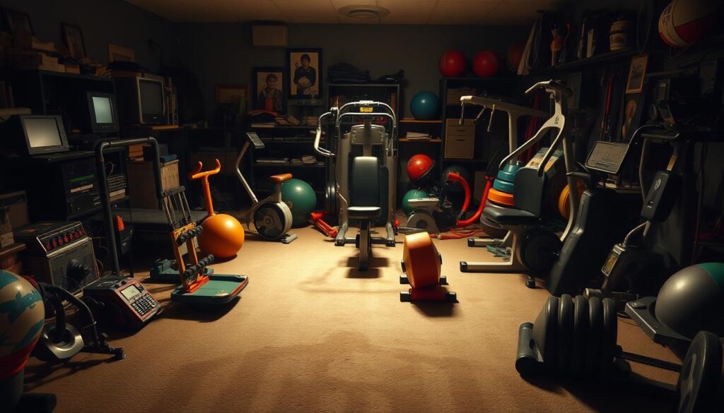 A cluttered home gym filled with garish, oversized fitness gadgets gathering dust in a dimly lit, cluttered room. An array of pointless, gimmicky contraptions and exercise machines dominate the foreground, casting long shadows across the tattered carpet. Subtle backlighting illuminates the haphazard arrangement, conveying a sense of neglect and disuse. The overall atmosphere is one of disappointment and wasted potential, perfectly capturing the theme of "overhyped and underwhelming" sports gear.