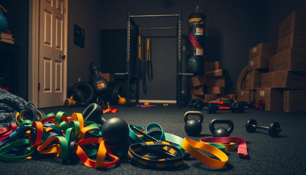 A dimly lit home gym showcases an array of sports gear challenges. In the foreground, a tangle of resistance bands, kettlebells, and yoga mats lie scattered, hinting at the unexpected obstacles encountered during a fitness journey. The middle ground features a partially assembled weight rack, its components strewn about, symbolizing the hurdles of setting up new equipment. In the background, a weathered punching bag and a stack of unlabeled boxes suggest the need to adapt and find creative solutions to overcome these fitness-related roadblocks. Soft, warm lighting casts shadows that add depth and a sense of resolve to the scene, capturing the determination required to confront and conquer these unexpected challenges.