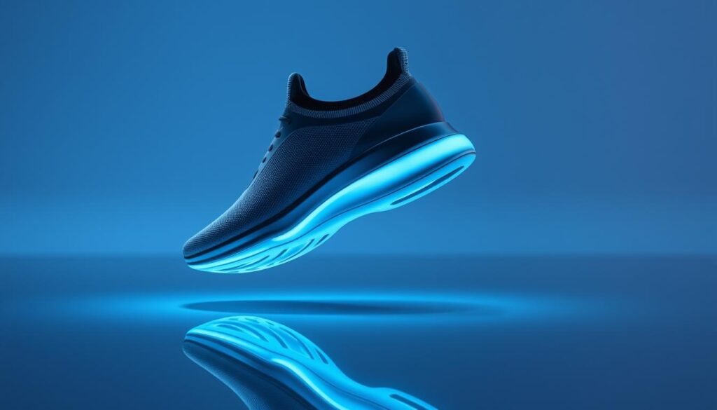 A sleek, futuristic pair of smart training shoes hovers above a glossy, reflective surface. The shoes feature a minimalist, aerodynamic design with adaptive cushioning systems that respond dynamically to the wearer's movements. Embedded sensors and AI-powered technology analyze the runner's gait, stride, and force, seamlessly adjusting the shoes' support and impact absorption in real-time. A soft, glowing aura emanates from the soles, illuminating the shoes' advanced capabilities. The scene is bathed in a cool, blue-tinted lighting, creating a sense of high-tech sophistication. The shoes appear to be suspended in a clean, modern environment, emphasizing their cutting-edge, responsive nature. A sleek, futuristic pair of smart training shoes hovers above a glossy, reflective surface. The shoes feature a minimalist, aerodynamic design with adaptive cushioning systems that respond dynamically to the wearer's movements. Embedded sensors and AI-powered technology analyze the runner's gait, stride, and force, seamlessly adjusting the shoes' support and impact absorption in real-time. A soft, glowing aura emanates from the soles, illuminating the shoes' advanced capabilities. The scene is bathed in a cool, blue-tinted lighting, creating a sense of high-tech sophistication. The shoes appear to be suspended in a clean, modern environment, emphasizing their cutting-edge, responsive nature.
