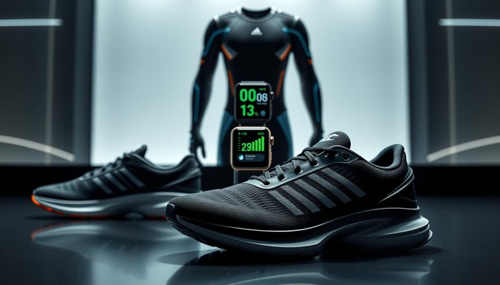 A sleek, high-tech showcase of Nike and Adidas' latest sports innovations. In the foreground, a cutting-edge pair of running shoes with advanced cushioning and responsive soles, their designs seamlessly blending form and function. In the middle ground, a smartwatch displaying real-time biometric data, its display crisp and vivid under soft, directional lighting. In the background, a futuristic sports apparel ensemble with strategically placed mesh panels and streamlined silhouettes, embodying the brands' relentless pursuit of performance enhancement. The scene radiates an atmosphere of innovation, efficiency, and the driving passion of fitness enthusiasts seeking the cutting edge in sports technology.