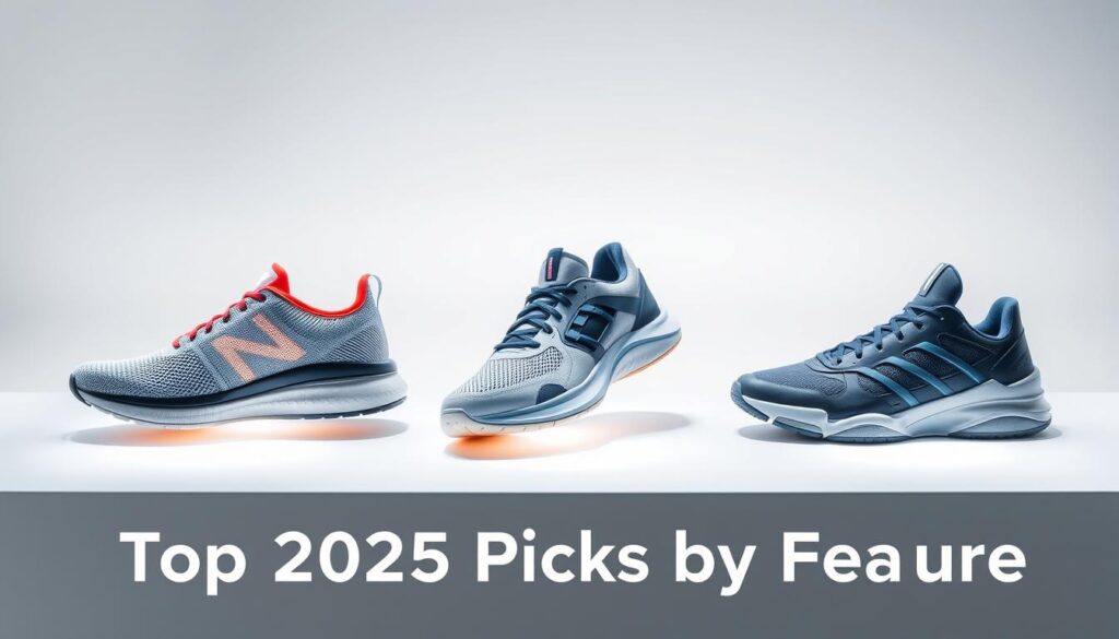 A stylized, high-resolution comparison of cutting-edge 2025 sports shoes showcased on a clean, minimalist display. The foreground features three distinct shoe models - a lightweight, breathable mesh runner, a high-tech, cushioned training shoe, and a sleek, responsive basketball sneaker. Each shoe is illuminated from the side, highlighting intricate design details and advanced materials. The middle ground depicts the shoes against a softly blurred, muted background, allowing the products to take center stage. The overall scene conveys a sense of innovation, performance, and subtle sophistication befitting the "Top 2025 Picks by Feature" section. A stylized, high-resolution comparison of cutting-edge 2025 sports shoes showcased on a clean, minimalist display. The foreground features three distinct shoe models - a lightweight, breathable mesh runner, a high-tech, cushioned training shoe, and a sleek, responsive basketball sneaker. Each shoe is illuminated from the side, highlighting intricate design details and advanced materials. The middle ground depicts the shoes against a softly blurred, muted background, allowing the products to take center stage. The overall scene conveys a sense of innovation, performance, and subtle sophistication befitting the "Top 2025 Picks by Feature" section.