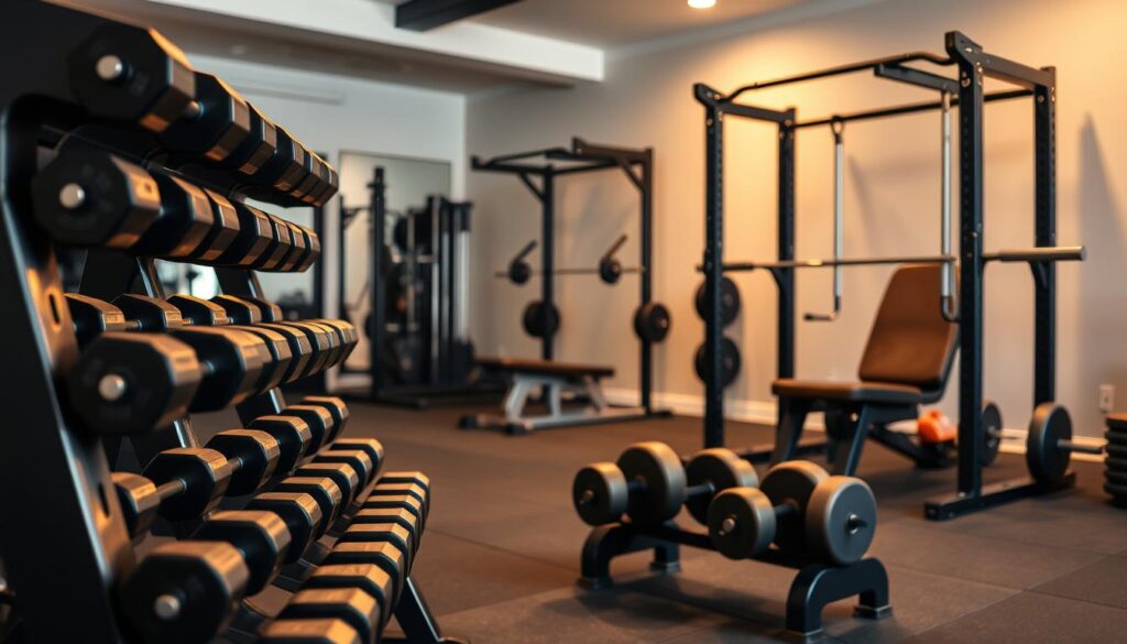 A well-equipped home gym showcasing an array of high-quality strength training equipment. In the foreground, a sleek, modern dumbbell rack stands proudly, its hexagonal weights gleaming under warm, focused lighting. Nearby, a sturdy power rack with customizable safety bars and a pull-up bar takes center stage, inviting users to challenge their limits. In the middle ground, a state-of-the-art resistance training machine, its sleek design and adjustable resistance levels, allows for a comprehensive full-body workout. The background features a minimalist, yet functional, home gym environment, with a padded floor and neutral-toned walls, creating a welcoming and focused atmosphere for intense strength training sessions.
