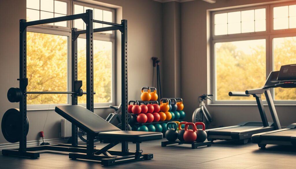 A well-equipped home gym with a variety of strength training equipment, bathed in warm, natural lighting. In the foreground, a sturdy power rack stands tall, ready to support heavy lifts. Beside it, a sleek, adjustable bench invites focused workouts. In the middle ground, a stack of colorful dumbbells and kettlebells of varying weights are neatly arranged, while a high-quality treadmill occupies the corner, ready for cardio sessions. The background features large windows that flood the space with soft, ambient light, creating a welcoming and motivating atmosphere for a dedicated fitness journey.