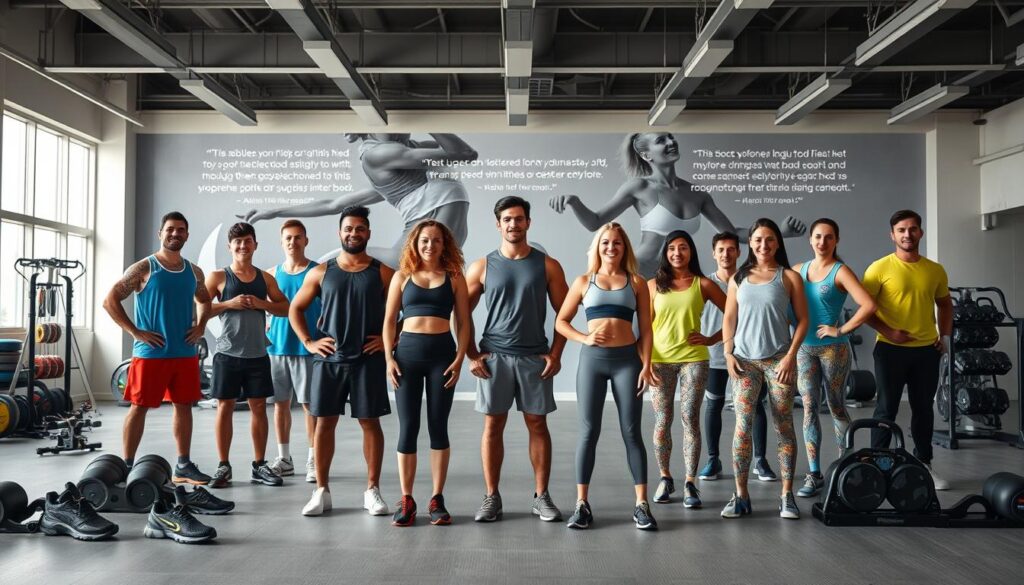 A well-lit, expansive studio setting showcasing an array of sports gear and athletic apparel. In the foreground, a diverse group of active individuals - men and women of various ages and body types - proudly displaying their fitness achievements while modeling the gear. Crisp, high-resolution details capture the texture and quality of the sportswear, from breathable fabrics to supportive footwear. The middle ground features testimonials and success stories, depicted through abstract visual elements that convey a sense of personal transformation and empowerment. The background maintains a clean, minimalist aesthetic, allowing the gear and the people to take center stage, radiating an atmosphere of positivity and inspiration for the everyday athlete.