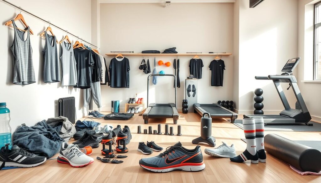 A well-lit studio setting showcasing the best sports gear categories for everyday athletes. In the foreground, a clean and organized display of apparel - moisture-wicking tops, breathable shorts, and supportive shoes. In the middle ground, a selection of essential accessories like water bottles, fitness trackers, and high-performance socks. The background features state-of-the-art home exercise equipment, including a sleek treadmill, adjustable dumbbells, and a modern yoga mat. The overall scene conveys a sense of functionality, quality, and an active lifestyle, captured with a warm, natural lighting and a slightly elevated camera angle.