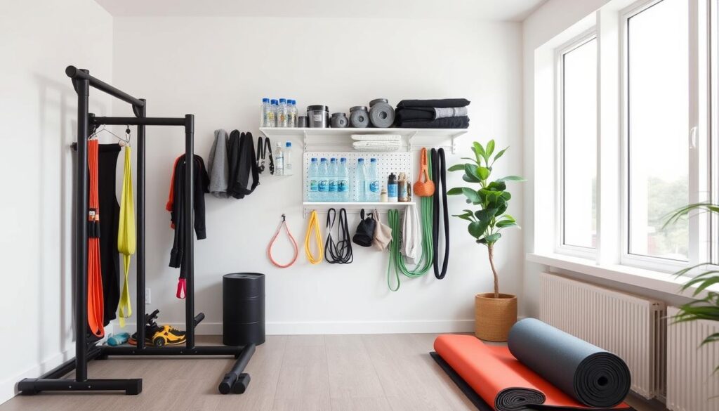 A well-organized home gym space with a minimalist aesthetic. In the foreground, a variety of essential fitness equipment is neatly arranged, including a compact weight rack, resistance bands, and a folding exercise mat. The middle ground features a wall-mounted storage system holding water bottles, towels, and other accessories, optimizing vertical space. The background showcases large windows allowing natural light to flood the room, creating a bright and airy atmosphere. The overall impression is one of efficiency, functionality, and a dedication to personal wellness within a limited household footprint.