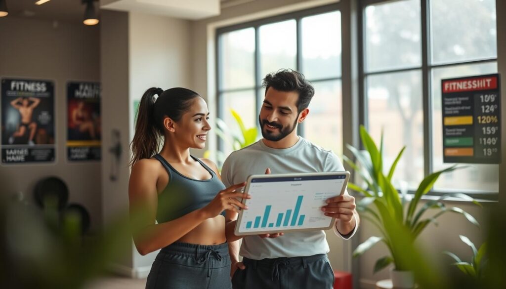 A cozy indoor fitness environment, featuring two accountability partners, a man and a woman, engaged in a focused discussion about fitness progress. In the foreground, they are reviewing a fitness chart on a tablet, with expressions of encouragement and determination. The woman, in a modest athletic outfit, gestures towards the data, while the man, in a professional yet casual ensemble, nods in understanding. The middle of the scene includes motivational posters on the walls displaying exercise routines and healthy habits. In the background, large windows let in natural light, creating a warm atmosphere, enhanced by vibrant indoor plants. Use a slight depth of field with soft lighting to capture the supportive mood, emphasizing the bond between the partners as they work together towards their fitness goals.