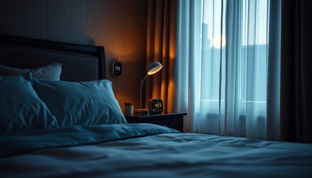 A cozy, serene bedroom setting focused on the concept of “sleep stacks” for optimal rest. In the foreground, a neatly made bed with plush pillows and soft bedding, conveying comfort and tranquility. In the middle, a bedside table with a small digital alarm clock displaying a gentle, warm light, alongside a dimmable, stylish lamp casting a soft, ambient glow that suggests the ideal sleep environment. A pair of elegant curtains in the background partially drawn to allow just a hint of moonlight to enter, while a digital thermostat subtly indicates a cool, comfortable temperature. The overall atmosphere is peaceful, inviting relaxation and a deep sense of calm. The scene is presented from a slightly elevated angle for a cozy, intimate perspective, evoking a sense of winding down for the night.