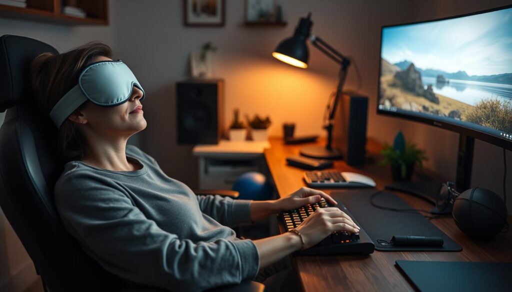 A cozy, well-lit gaming setup focused on eye strain relief for gamers. In the foreground, a person wearing modest casual clothing, sitting comfortably in a ergonomic chair, practicing relaxation techniques with a soothing eye mask resting on their eyes. Their hands are resting on a stylish gaming keyboard, emphasizing grip and forearm care. In the middle, a desk cluttered with blue-light blocking glasses, a tension ball for hand exercises, and an adjustable lamp casting warm, inviting light. The background shows a softly blurred gaming monitor displaying calming nature visuals, creating a serene atmosphere. The mood is tranquil and restorative, highlighting the balance between gaming and recovery. The angle is slightly above eye-level, focusing on the setup while maintaining a cozy vibe.