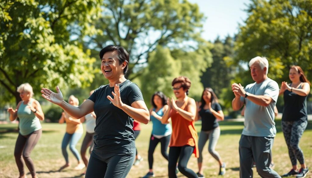 A diverse group of adults engaging in a vibrant outdoor fitness class in a park setting, showcasing camaraderie and motivation. In the foreground, a smiling instructor demonstrates exercises while participants, dressed in modest athletic wear, enthusiastically follow along. The middle ground features a mix of individuals of various ages and ethnicities, interacting and encouraging each other, highlighting the sense of community. In the background, lush green trees and a bright blue sky create a cheerful atmosphere. The scene is captured with a slightly elevated angle for a dynamic perspective, utilizing natural sunlight to enhance the lively and positive mood of teamwork and belonging.