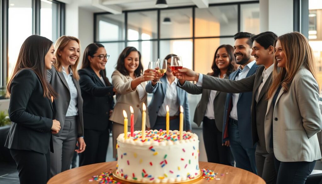 A diverse group of professionals in business attire, standing in a modern office space, are celebrating achievements with smiles and high-fives. In the foreground, a round table is adorned with a cake featuring candles and colorful confetti, symbolizing milestones reached. In the middle background, colleagues are raising glasses in a toast, showcasing a sense of camaraderie and progression, with expressions of joy and encouragement. Soft, natural lighting filters through large windows, casting warm hues across the room, creating an inviting and festive atmosphere. The scene conveys a balance of professional achievement and personal connection, emphasizing the importance of celebrating milestones responsibly without losing focus on future goals. The angle is slightly elevated, capturing the interaction within the space while maintaining a clear view of the celebratory elements.