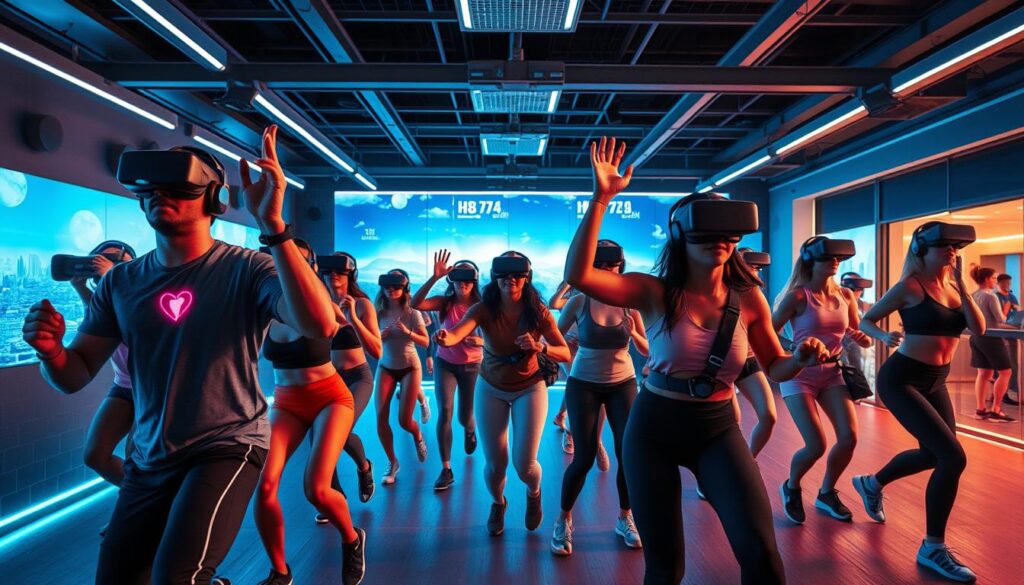 A dynamic scene depicting a futuristic virtual reality (VR) and augmented reality (AR) exergaming environment focused on cardiovascular fitness. In the foreground, a diverse group of individuals engaged in a vigorous exergame session, wearing headsets and fitness gear, displaying a range of motion and enthusiasm. The middle ground features interactive digital elements, such as vibrant heart-rate data overlays and immersive landscapes that participants navigate. The background showcases a modern gym or fitness studio, with bright LED lights and holographic displays enhancing the experience. Use a wide-angle lens to capture the action, and ensure the lighting is bright and energetic, creating a motivational atmosphere. The overall mood is lively and inspiring, emphasizing the fusion of gaming and fitness in an innovative setting.