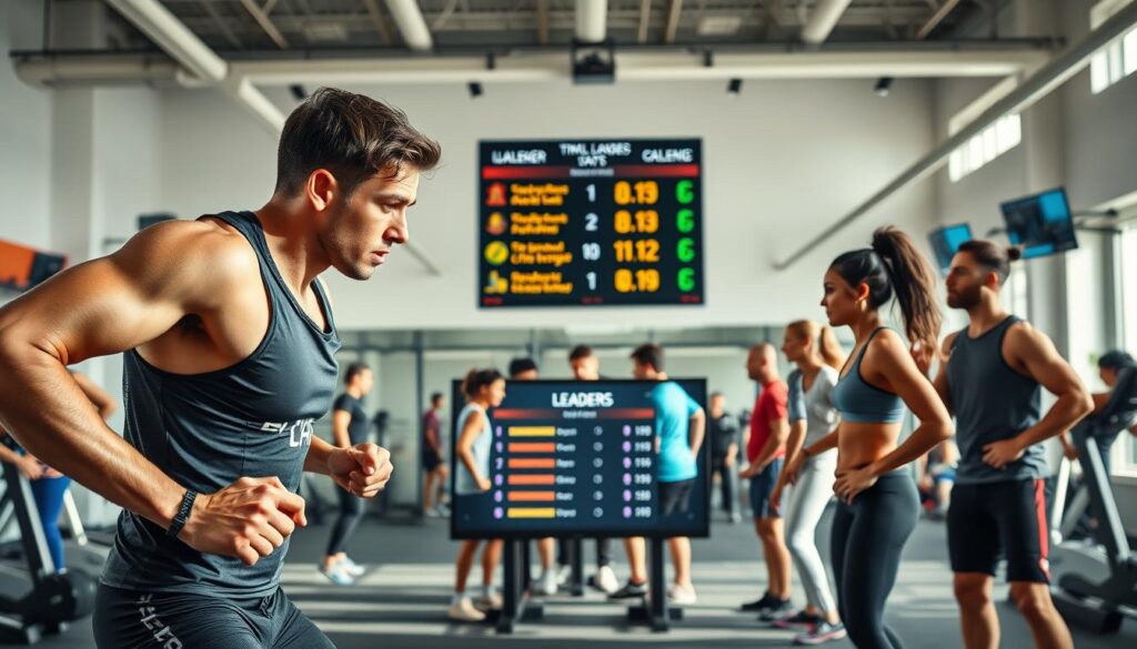A dynamic scene showcasing a group of diverse individuals engaging in various fitness challenges set in a modern sports facility. In the foreground, two athletes in professional athletic gear compete in a time trial, their focused expressions reflecting determination. In the middle ground, a small group is clustered around a digital leaderboard displaying their rankings, fostering a sense of community and motivation. The background features a bright, open gym filled with exercise equipment and interactive screens showing skills ladders and challenge stats. Soft, natural lighting streams in, creating a vibrant, energetic atmosphere that highlights teamwork and competition. Capture the excitement of gamified fitness in a lively, visually appealing composition.