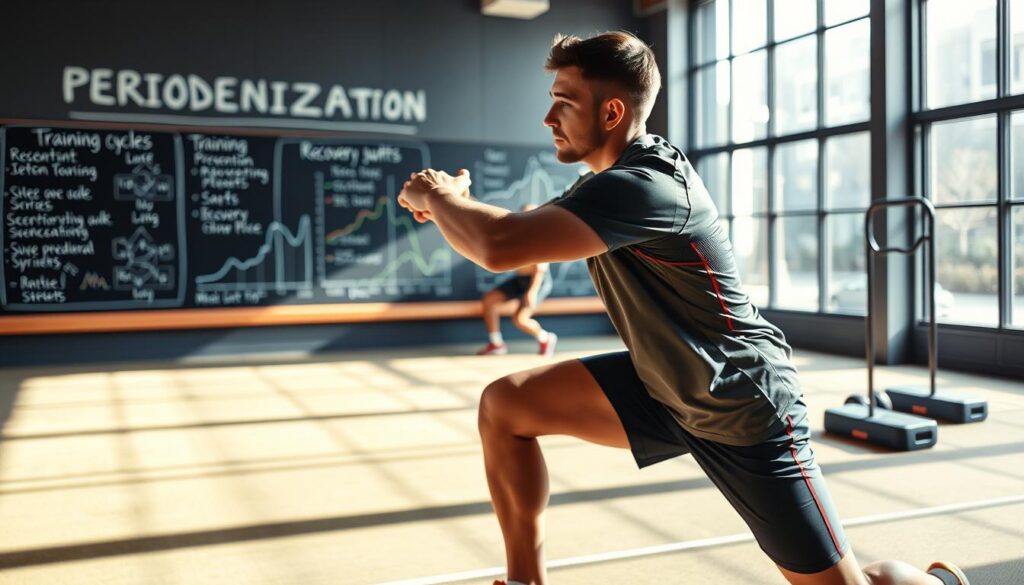 A dynamic sports setting illustrating the concept of periodization, featuring an athlete (dressed in professional sports training attire) engaged in individualized training routines. In the foreground, the athlete is shown in a focused pose, performing a stretching exercise to emphasize injury prevention and recovery. The middle ground includes a training facility with visual elements like a chalkboard displaying charts and graphs of training cycles and recovery quotas. In the background, soft natural light filters through large windows, creating a motivational atmosphere that inspires dedication. Use a wide-angle lens perspective to capture the entire scene, with vibrant colors that evoke energy and commitment, ensuring the image conveys a strong sense of focus on risk management in sports performance.