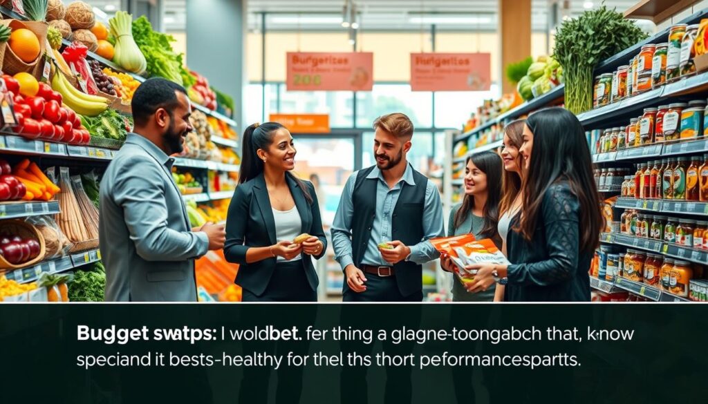 A modern grocery store aisle filled with colorful, fresh produce such as fruits and vegetables, along with whole grains, lean proteins, and nutritious snacks, emphasizing budget-friendly options. In the foreground, a cheerful, diverse group of individuals in professional casual attire are comparing items and discussing healthy choices, showcasing collaboration. The middle ground includes eye-catching displays of labeled products, highlighting budget swaps like quinoa for rice or canned beans for fresh meat. The background features bright natural lighting filtering through large windows, creating an inviting atmosphere that encourages healthy eating habits. The mood is upbeat and motivational, inspiring viewers to make informed dietary choices for athletic performance. A modern grocery store aisle filled with colorful, fresh produce such as fruits and vegetables, along with whole grains, lean proteins, and nutritious snacks, emphasizing budget-friendly options. In the foreground, a cheerful, diverse group of individuals in professional casual attire are comparing items and discussing healthy choices, showcasing collaboration. The middle ground includes eye-catching displays of labeled products, highlighting budget swaps like quinoa for rice or canned beans for fresh meat. The background features bright natural lighting filtering through large windows, creating an inviting atmosphere that encourages healthy eating habits. The mood is upbeat and motivational, inspiring viewers to make informed dietary choices for athletic performance.