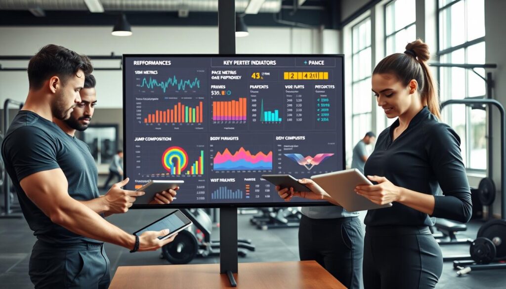 A professional workspace showcasing KPI tracking in a sports context. In the foreground, a diverse group of athletes (one male, one female) dressed in professional attire, analyzing performance charts on tablets. The middle ground features a large digital screen displaying key performance indicators like 1RM, pace metrics, VO2 proxies, jump heights, and body composition statistics, with colorful, visually engaging graphs. In the background, a bright, well-lit gym with workout equipment and performance tracking tools. The atmosphere is focused and motivational, emphasizing teamwork and goal-setting. Soft natural lighting comes through large windows, casting a productive glow. The camera angle is slightly elevated, capturing the dynamic collaboration among the team.