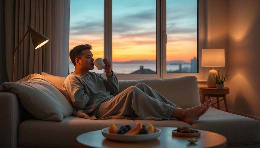 A serene evening scene depicting a person in comfortable, modest loungewear, sitting on a cozy couch with a soft throw blanket. The individual is sipping herbal tea, surrounded by warm ambient lighting from a stylish lamp, creating a relaxing atmosphere. In the foreground, a small table holds a nourishing snack, like sliced fruits and nuts. In the middle, a window reveals the calming twilight sky, transitioning from orange to deep blue, hinting at a peaceful transition from day to night. The background features minimalistic decor with soothing colors, fostering a sense of calm and recovery. The overall mood is tranquil and restorative, embodying the concept of winding down after a busy day, perfect for an evening routine focused on relaxation and self-care.